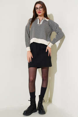 Yaka Fermuarlı Zikzak Desen Triko Kazak Bej - Kadın Giyim Modelleri