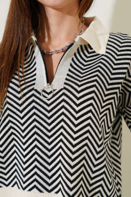 Yaka Fermuarlı Zikzak Desen Triko Kazak Bej - Kadın Giyim Modelleri