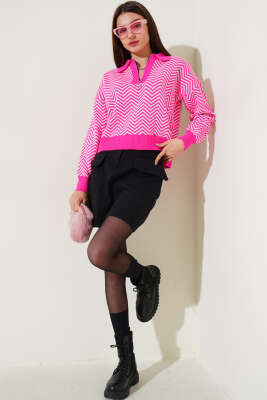Yaka Fermuarlı Zikzak Desen Triko Kazak Fuşya - Kadın Giyim Modelleri