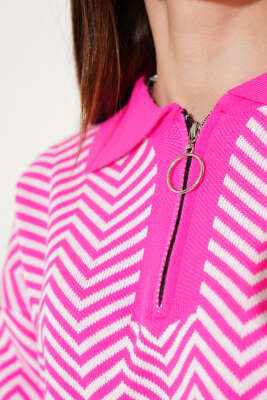 Yaka Fermuarlı Zikzak Desen Triko Kazak Fuşya - Kadın Giyim Modelleri