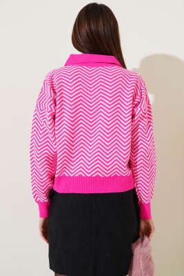 Yaka Fermuarlı Zikzak Desen Triko Kazak Fuşya - Kadın Giyim Modelleri