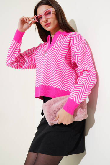 Yaka Fermuarlı Zikzak Desen Triko Kazak Fuşya - Yeni Giyim