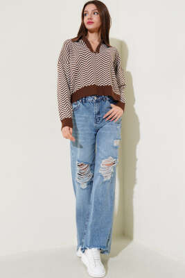 Yaka Fermuarlı Zikzak Desen Triko Kazak Kahve - Kadın Giyim Modelleri