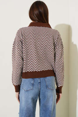 Yaka Fermuarlı Zikzak Desen Triko Kazak Kahve - Kadın Giyim Modelleri