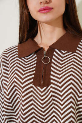 Yaka Fermuarlı Zikzak Desen Triko Kazak Kahve - Kadın Giyim Modelleri