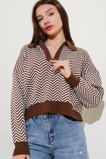 Yaka Fermuarlı Zikzak Desen Triko Kazak Kahve - Yeni Giyim