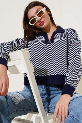 Yaka Fermuarlı Zikzak Desen Triko Kazak Lacivert - Kadın Giyim Modelleri