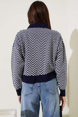 Yaka Fermuarlı Zikzak Desen Triko Kazak Lacivert - Kadın Giyim Modelleri