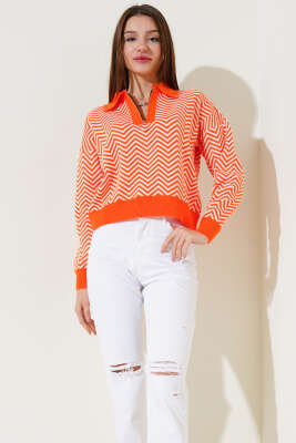 Yaka Fermuarlı Zikzak Desen Triko Kazak Oranj - Kadın Giyim Modelleri