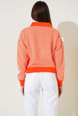 Yaka Fermuarlı Zikzak Desen Triko Kazak Oranj - Kadın Giyim Modelleri