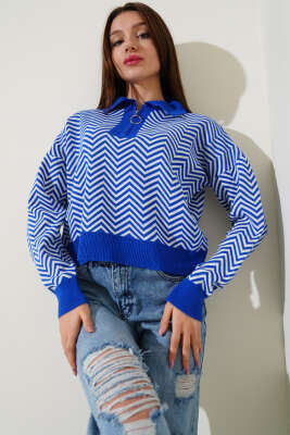 Yaka Fermuarlı Zikzak Desen Triko Kazak Saks - Kadın Giyim Modelleri