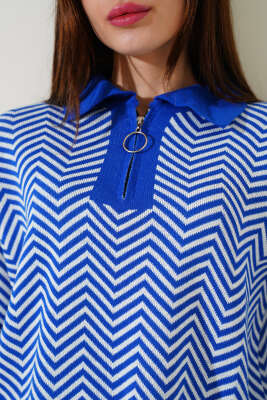 Yaka Fermuarlı Zikzak Desen Triko Kazak Saks - Kadın Giyim Modelleri