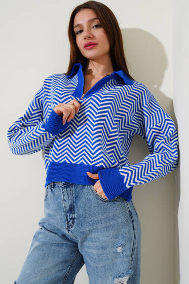 Yaka Fermuarlı Zikzak Desen Triko Kazak Saks - Yeni Giyim