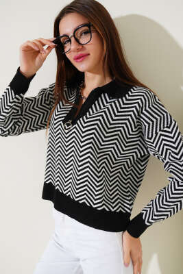 Yaka Fermuarlı Zikzak Desen Triko Kazak Siyah - Kadın Giyim Modelleri
