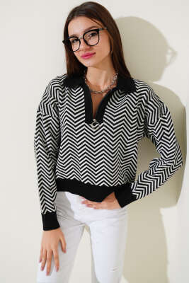 Yaka Fermuarlı Zikzak Desen Triko Kazak Siyah 