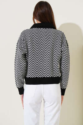 Yaka Fermuarlı Zikzak Desen Triko Kazak Siyah - Kadın Giyim Modelleri