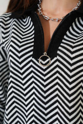Yaka Fermuarlı Zikzak Desen Triko Kazak Siyah - Kadın Giyim Modelleri