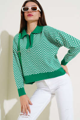 Yaka Fermuarlı Zikzak Desen Triko Kazak Yeşil - Kadın Giyim Modelleri