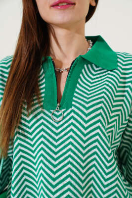 Yaka Fermuarlı Zikzak Desen Triko Kazak Yeşil - Kadın Giyim Modelleri