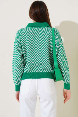 Yaka Fermuarlı Zikzak Desen Triko Kazak Yeşil - Kadın Giyim Modelleri