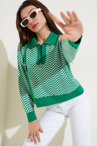 Yaka Fermuarlı Zikzak Desen Triko Kazak Yeşil - Yeni Giyim