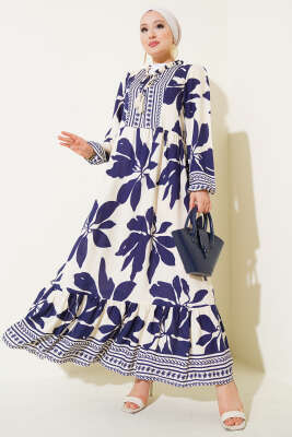 Yaka Fırfır Bağcıklı Desenli Elbise Lacivert 