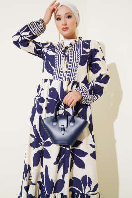 Yaka Fırfır Bağcıklı Desenli Elbise Lacivert - Tesettür Elbise