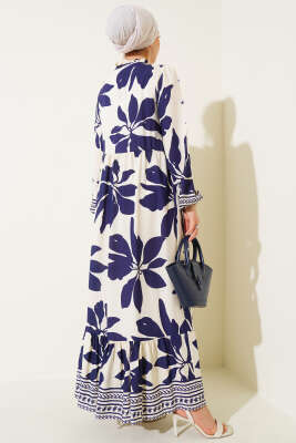 Yaka Fırfır Bağcıklı Desenli Elbise Lacivert - Tesettür Elbise