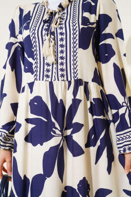 Yaka Fırfır Bağcıklı Desenli Elbise Lacivert - Tesettür Elbise