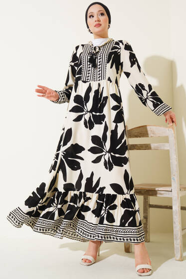 Yaka Fırfır Bağcıklı Desenli Elbise Siyah - Elbise