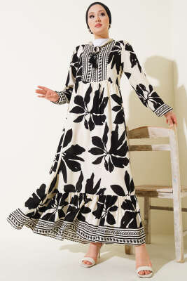 Yaka Fırfır Bağcıklı Desenli Elbise Siyah