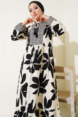 Yaka Fırfır Bağcıklı Desenli Elbise Siyah - Tesettür Elbise