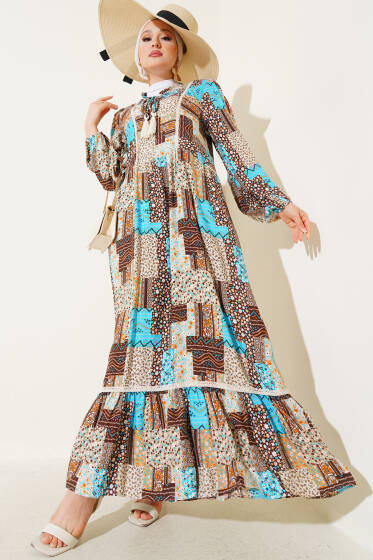Yaka Fırfır Bağlamalı Desenli Elbise Kahve - Elbise