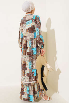 Yaka Fırfır Bağlamalı Desenli Elbise Kahve - Tesettür Elbise