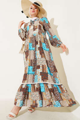 Yaka Fırfır Bağlamalı Desenli Elbise Kahve