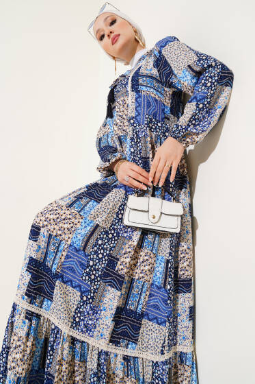 Yaka Fırfır Bağlamalı Desenli Elbise Lacivert - Elbise