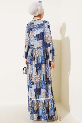 Yaka Fırfır Bağlamalı Desenli Elbise Lacivert - Tesettür Elbise