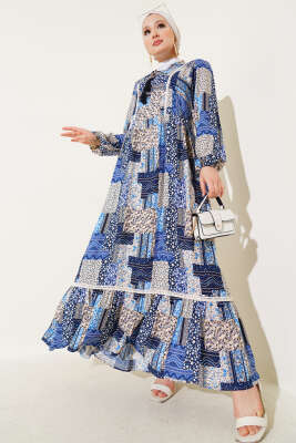 Yaka Fırfır Bağlamalı Desenli Elbise Lacivert - Tesettür Elbise