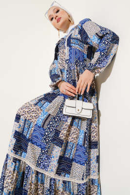 Yaka Fırfır Bağlamalı Desenli Elbise Lacivert 