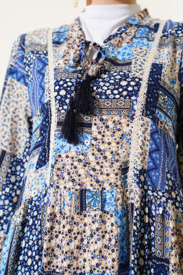 Yaka Fırfır Bağlamalı Desenli Elbise Lacivert - Tesettür Elbise