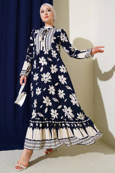 Yaka Fırfır Detaylı Desenli Elbise Lacivert - Elbise