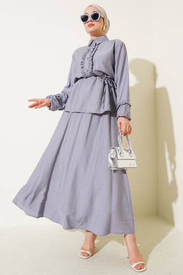 Yaka Fırfır Detaylı Etekli İkili Takım Gri - İkili Takım