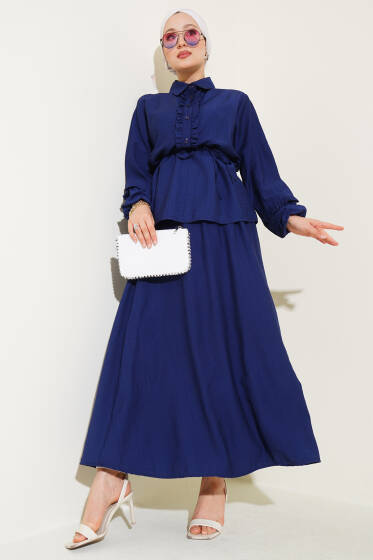 Yaka Fırfır Detaylı Etekli İkili Takım Lacivert - İKİLİ TAKIM