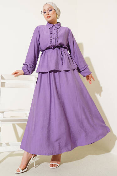 Yaka Fırfır Detaylı Etekli İkili Takım Lila - İkili Takım