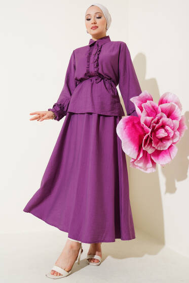 Yaka Fırfır Detaylı Etekli İkili Takım Mor - İkili Takım