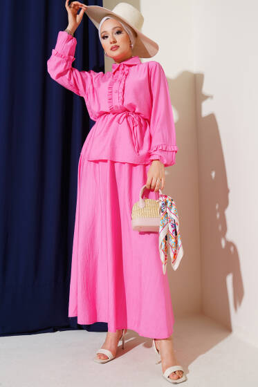 Yaka Fırfır Detaylı Etekli İkili Takım Pembe - İKİLİ TAKIM