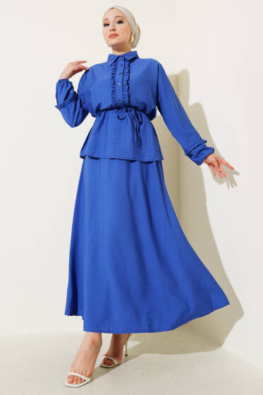 Yaka Fırfır Detaylı Etekli İkili Takım Saks - İkili Takım