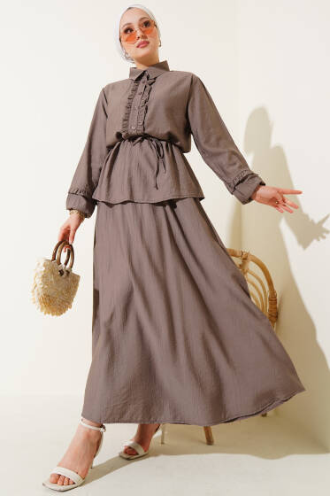 Yaka Fırfır Detaylı Etekli İkili Takım Vizon - İKİLİ TAKIM