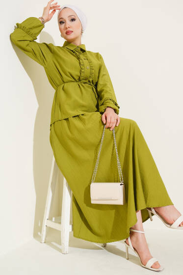 Yaka Fırfır Detaylı Etekli İkili Takım Yağ Yeşili - İKİLİ TAKIM