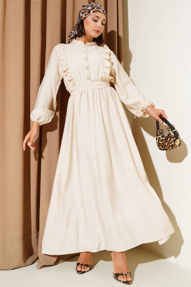 Yaka Fırfır Detaylı Kuşaklı Elbise Bej - Elbise